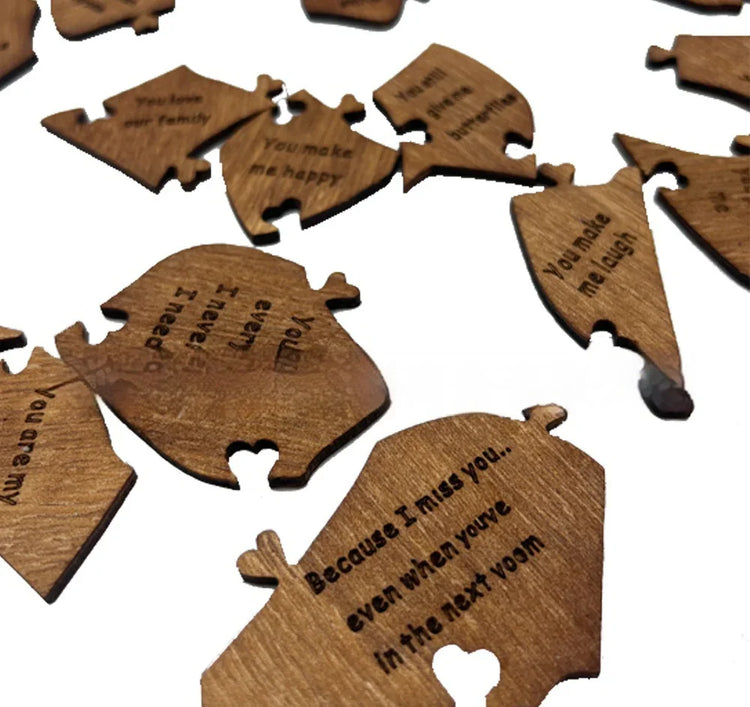 Wooden engraved puzzle pieces with heartfelt quotes, rustic home decor accent.