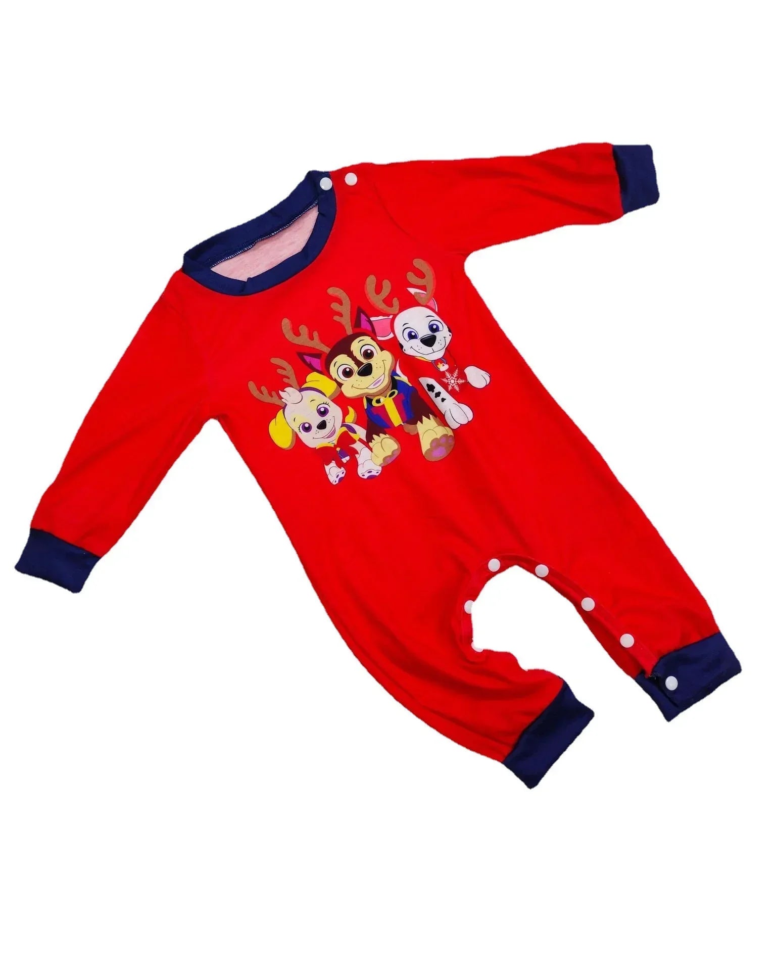 Red long sleeve baby romper with cartoon dog print, navy cuffs, and snap buttons