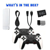 Two black and white wireless game controllers, USB cable, 64GB memory card, and other gaming accessories.