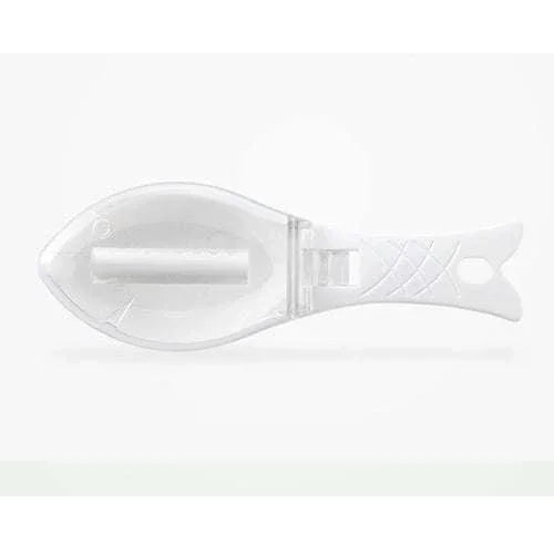 White plastic fish-shaped accessory with clear section, modern minimalist style