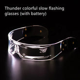Futuristic clear LED light-up visor glasses with etched design, tech streetwear accessory