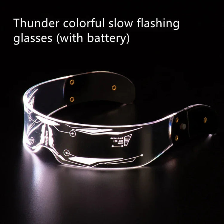Futuristic clear LED light-up visor glasses with etched design, tech streetwear accessory