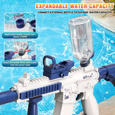 White and blue plastic water blaster with clear bottle reservoir attached, expandable water capacity, modern toy gun design by pool.