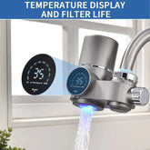 Silver faucet water filter with digital display showing temperature and filter lifespan, modern kitchen setting.