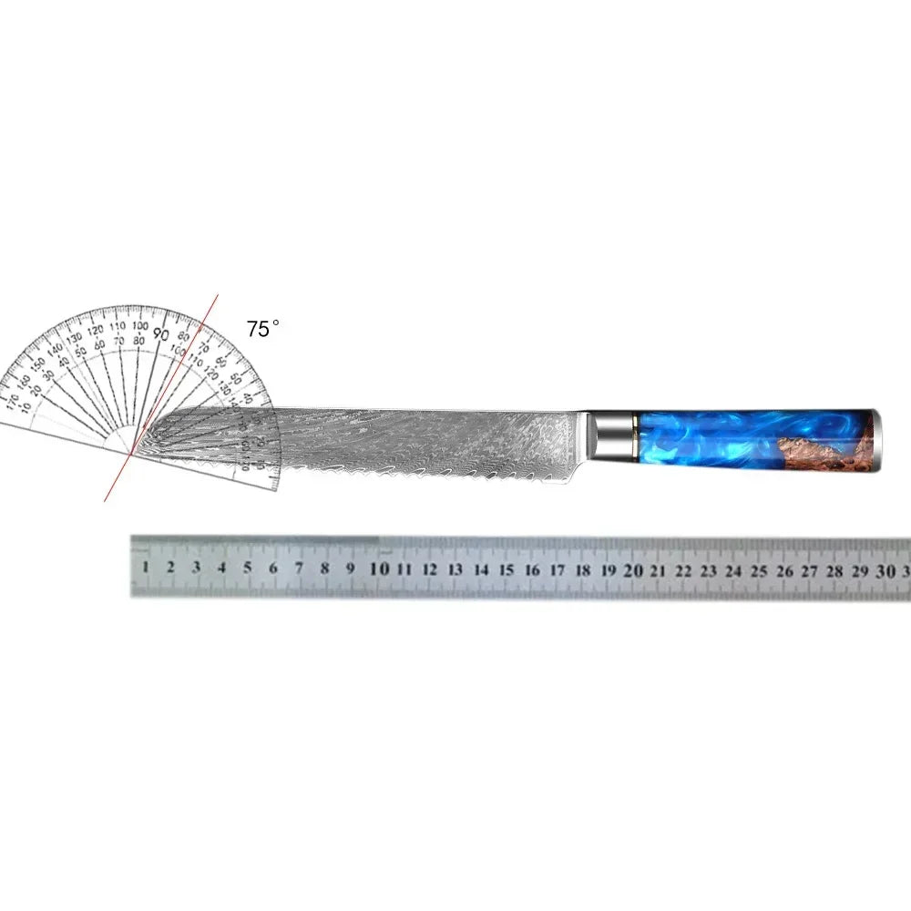 Serrated knife with blue resin handle, stainless steel blade, shown with ruler and protractor.