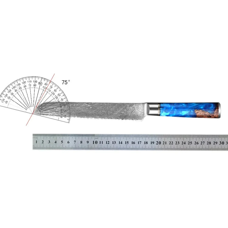 Serrated knife with blue resin handle, stainless steel blade, shown with ruler and protractor.
