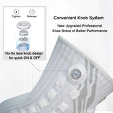 Light gray knee brace with breathable mesh material and no-tie lace knob for adjustable fit.