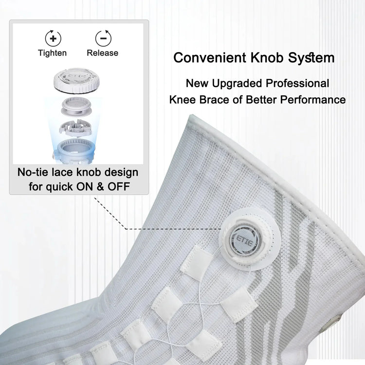 Light gray knee brace with breathable mesh material and no-tie lace knob for adjustable fit.