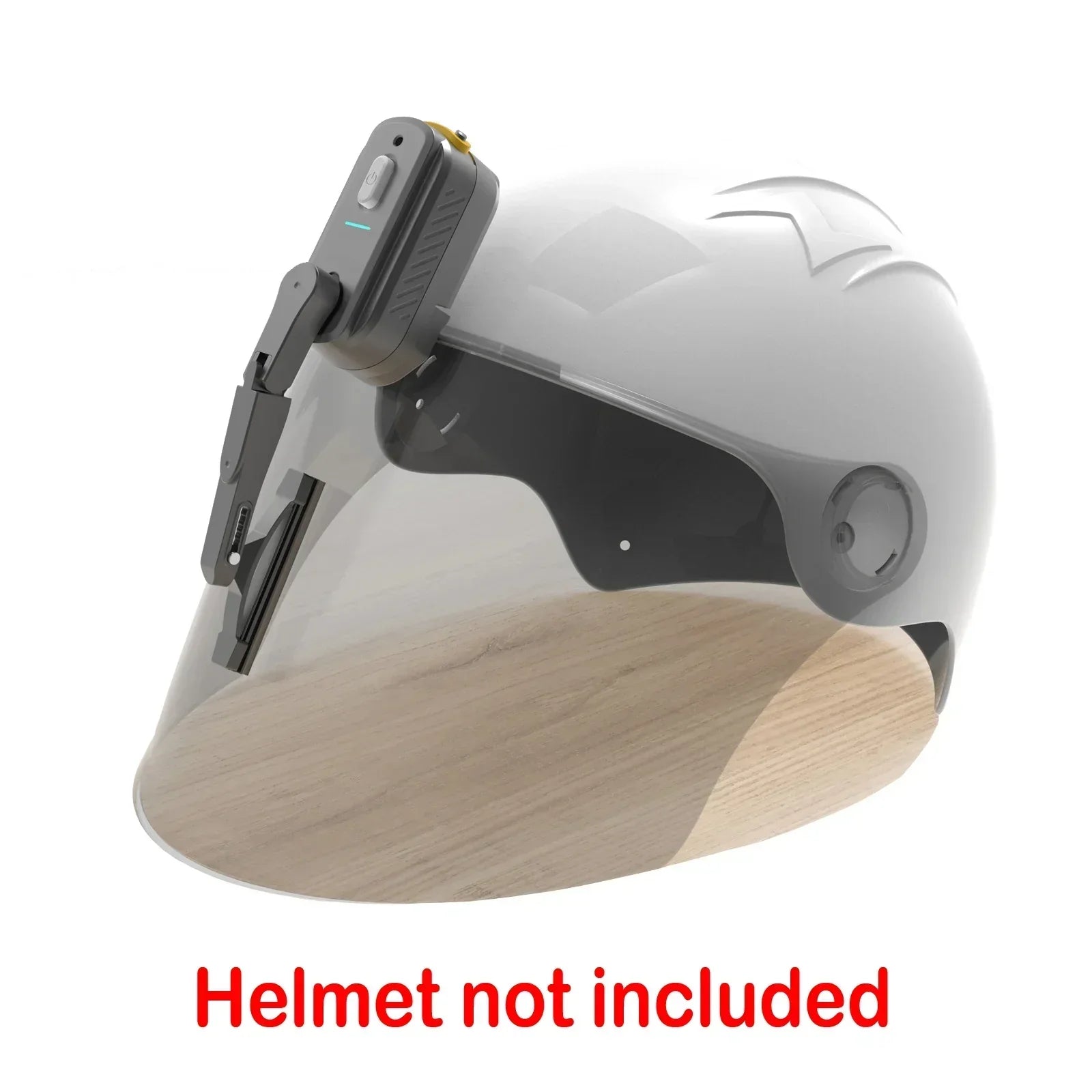 Futuristic detachable helmet visor with mounted tech accessory, transparent material, modern fit.