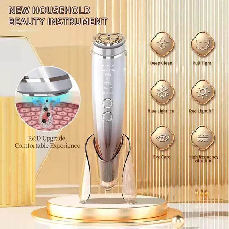 Silver household beauty device for facial care, deep clean, LED light therapy, and tightening effects.