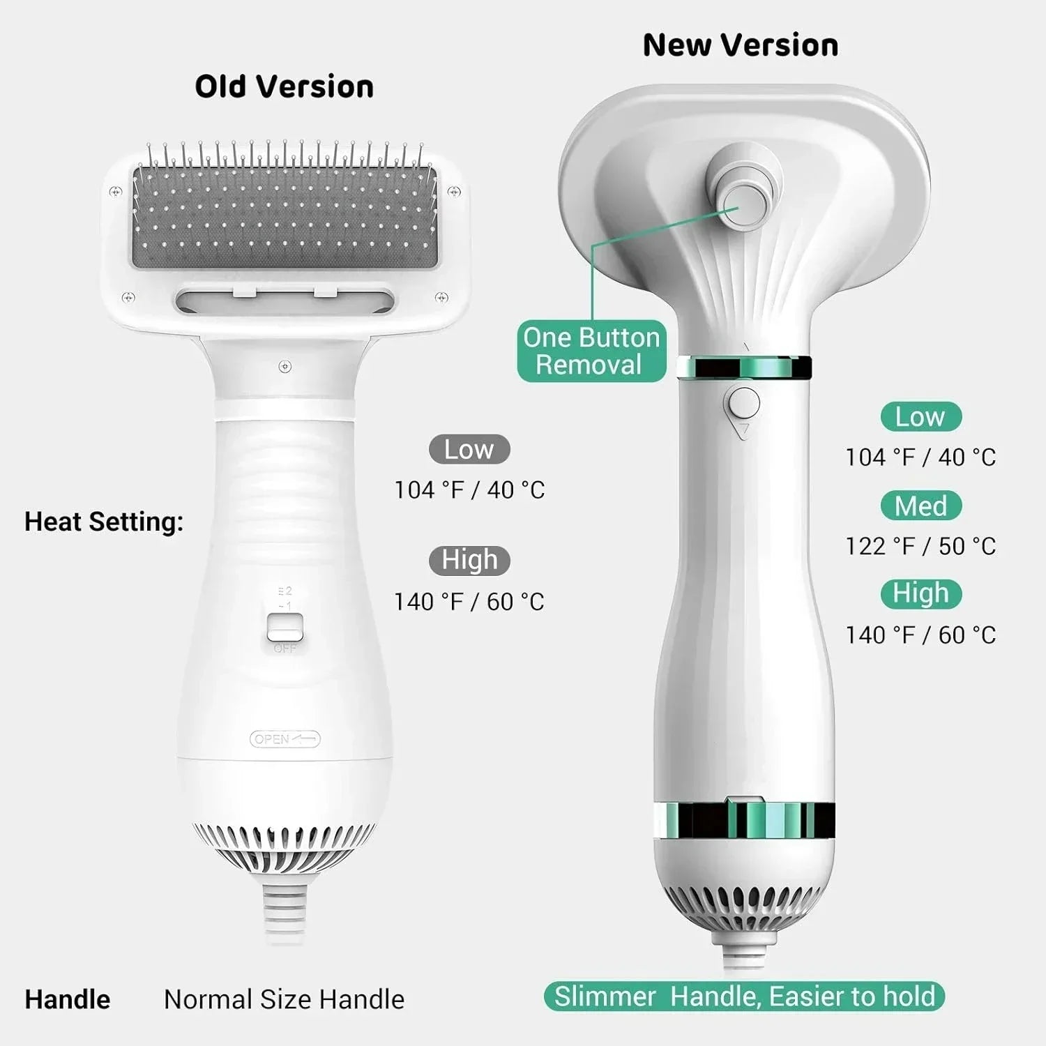 Comparison of two white handheld grooming brushes showing old and new versions, highlighting handle shape, heat settings, and button features.