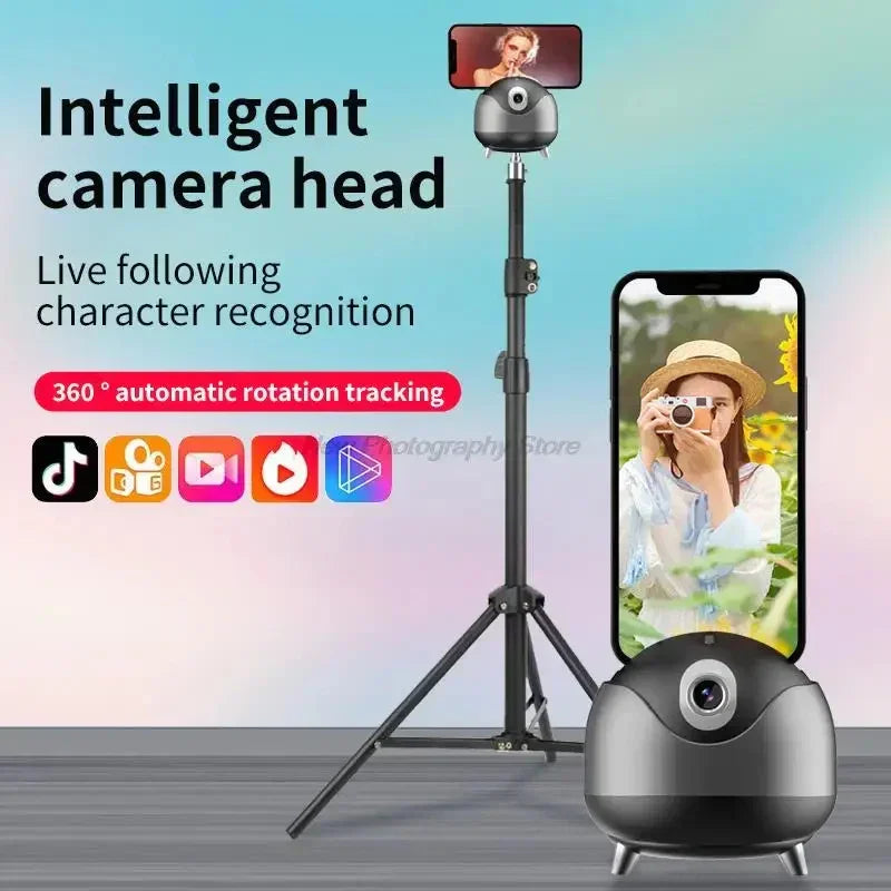 Black smart camera mount with tripod, supports 360 degree auto tracking, for smartphones.