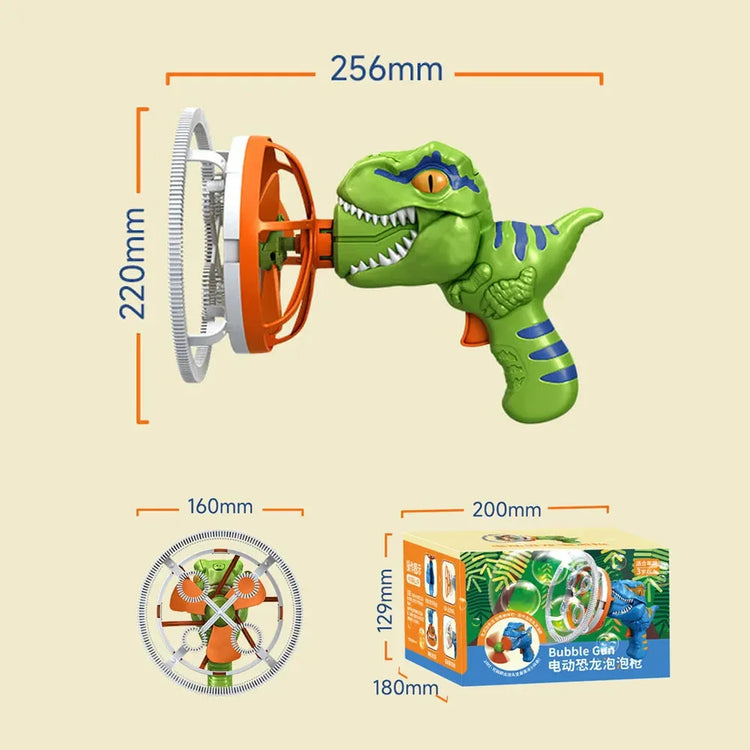 Green dinosaur-shaped bubble gun toy with orange spinning fan, product dimensions shown.