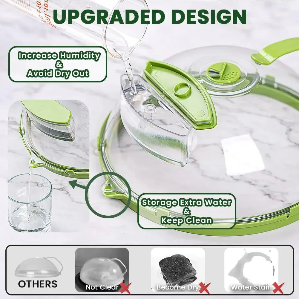 Clear green plastic food container lid with moisture storage feature, prevents dryness and water stains.