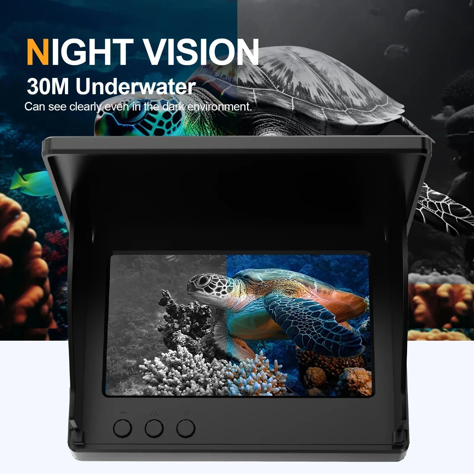 Underwater camera display showing color and night vision image of sea turtle and coral