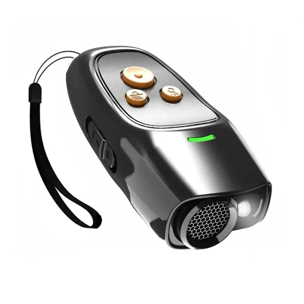 Black handheld electronic device with gold buttons, LED light, and wrist strap