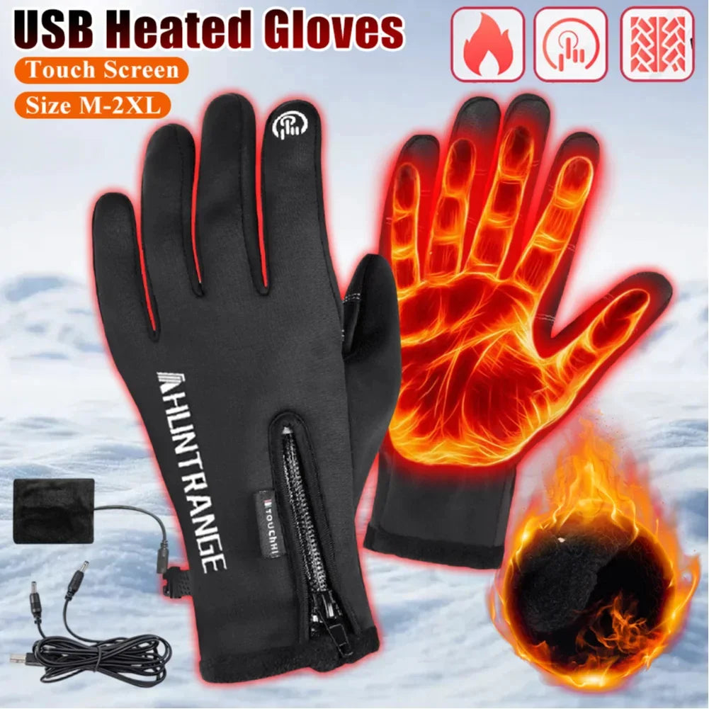 Black USB heated gloves with touch screen fingertips, zipper closure, and warm thermal lining.