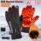 Black USB heated gloves with touch screen fingertips, zipper closure, and warm thermal lining.