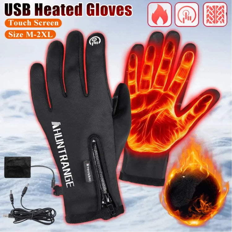 Black USB heated gloves with touch screen fingertips, zipper closure, and warm thermal lining.