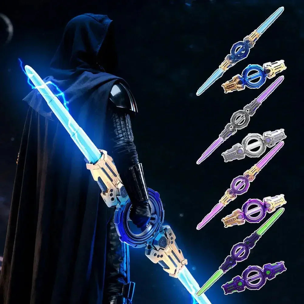 Futuristic black hooded streetwear cloak with armor details, paired with glowing blue sword