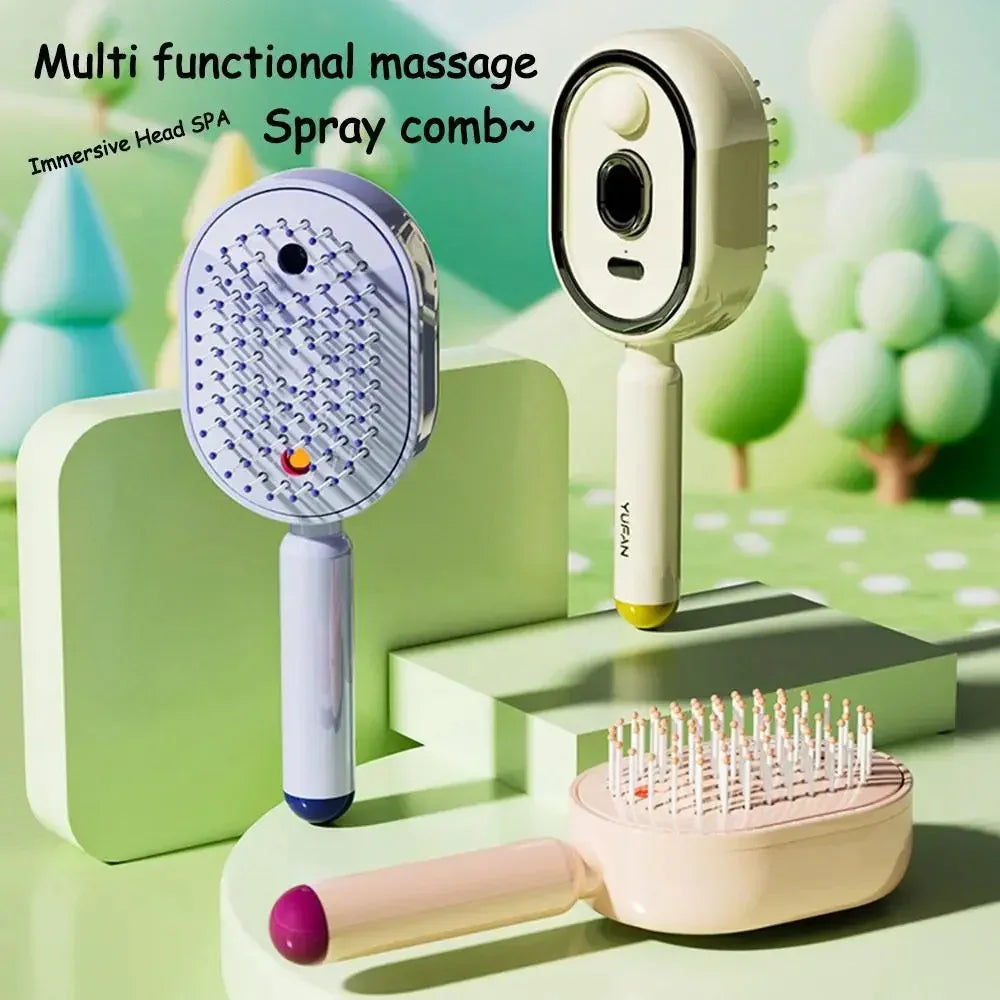 Multi-functional spray massage combs with soft bristles and ergonomic handles in pastel colors