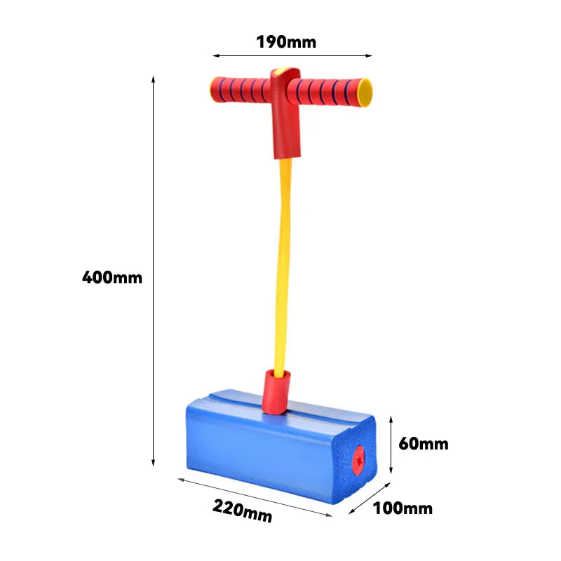 Foam pogo jumper in blue, red, and yellow with handle and measurements shown