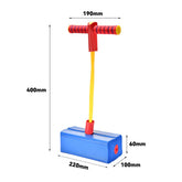 Foam pogo jumper in blue, red, and yellow with handle and measurements shown