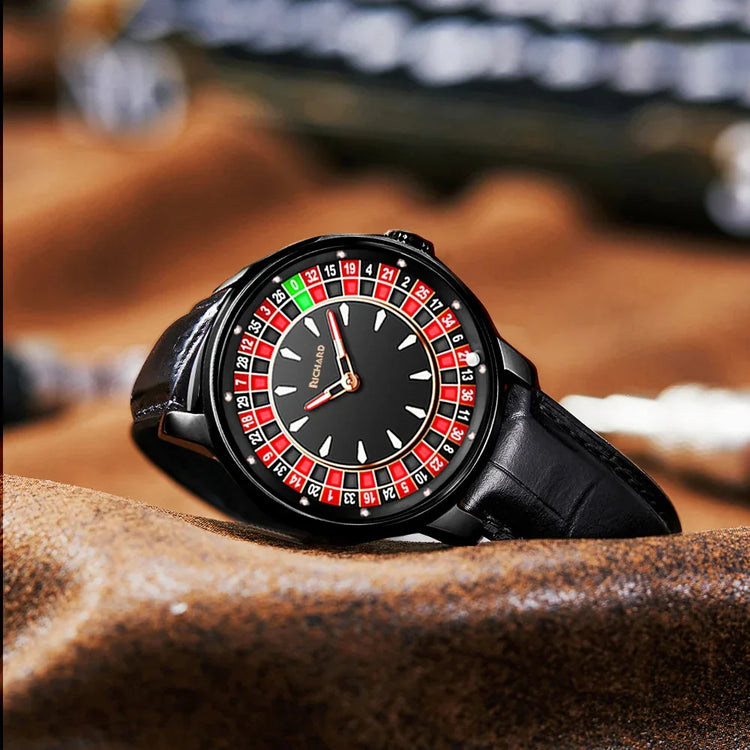 Black leather strap watch with unique roulette-style black and red dial, modern fit