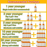 Table showing recommended purchases of anti-wrinkle serum bottles for different age-reduction effects, with increasing quantity offers per reduction level.