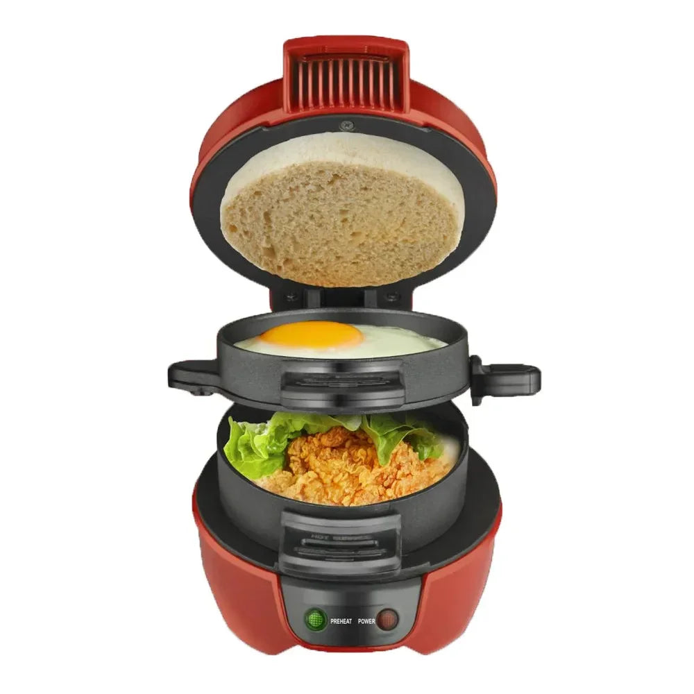 Red breakfast sandwich maker with egg, lettuce, and chicken on English muffin layers