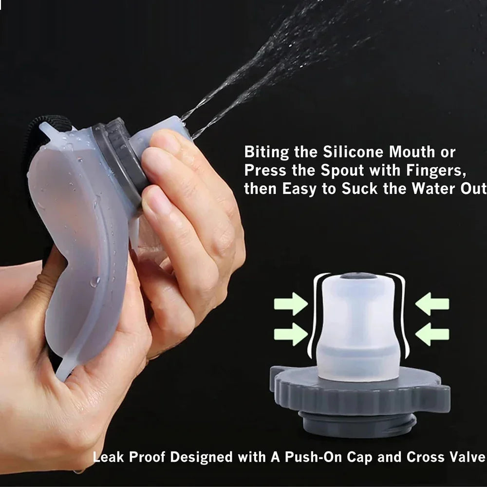 Collapsible silicone water bottle with leak-proof push-on cap and flexible spout.