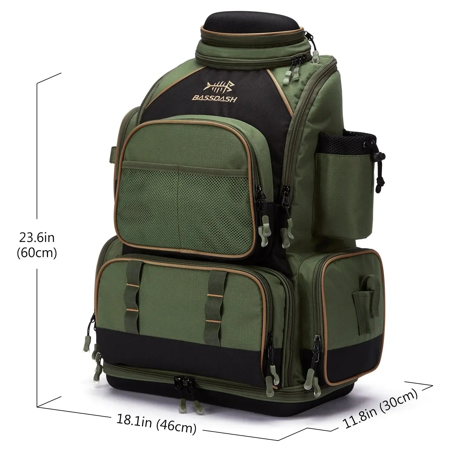 Large olive green and black backpack with multiple zippered pockets and utility compartments