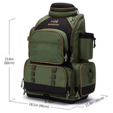 Large olive green and black backpack with multiple zippered pockets and utility compartments