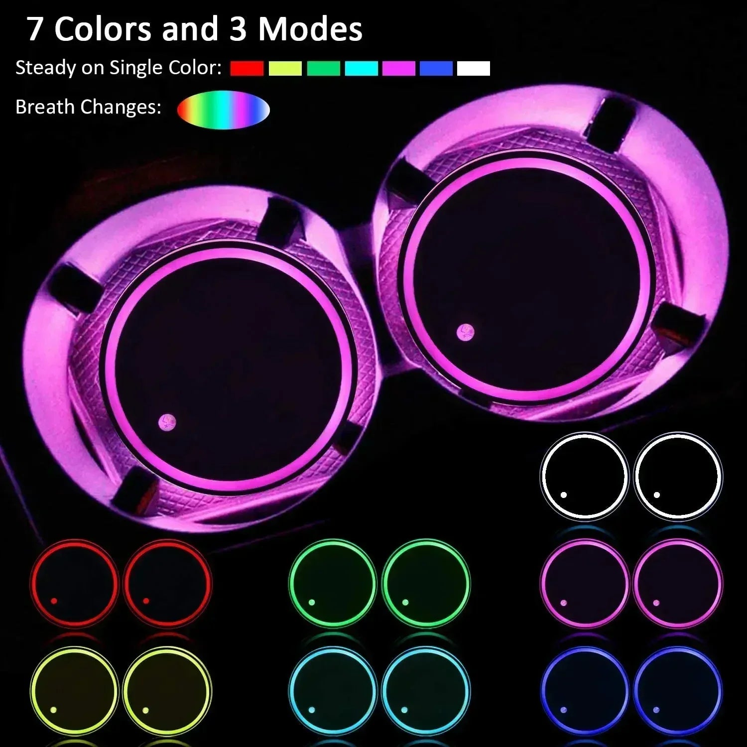 LED color-changing car cup holders in multiple colors, round acrylic glowing edge design