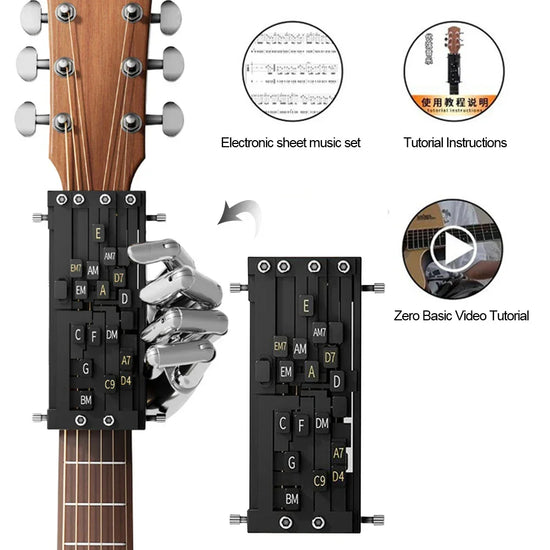 Black adjustable guitar chord learning device on wooden guitar neck, metal hand pressing buttons.