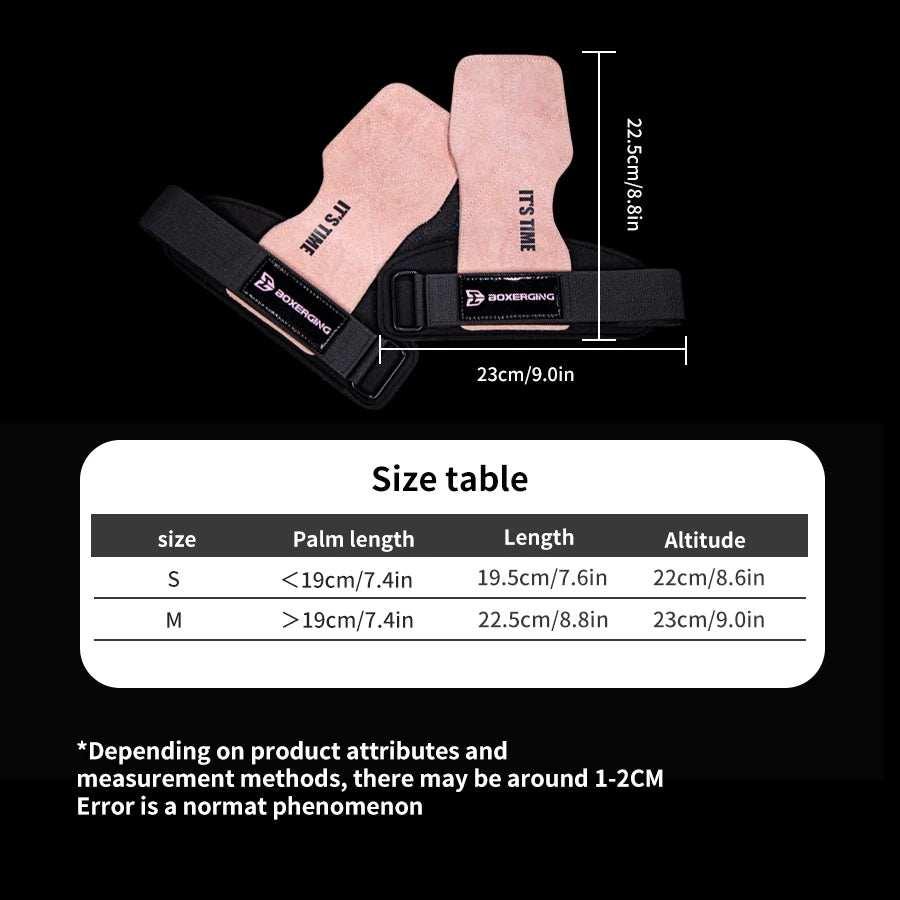 Futuristic streetwear lifting grips in pink suede with black adjustable straps, size chart included.