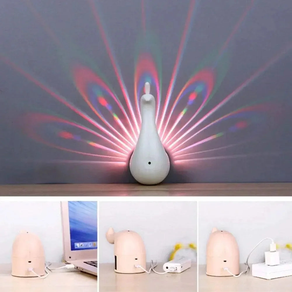 USB-powered peacock-shaped LED night light with colorful feather effect, modern decor accent