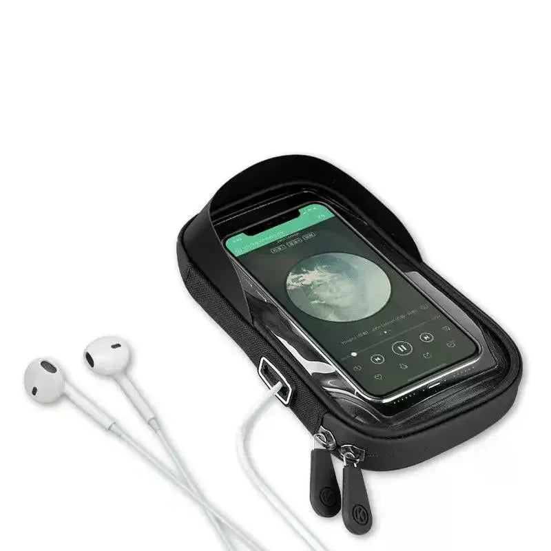 Black tech accessory pouch with transparent phone pocket and wired earphones, compact design