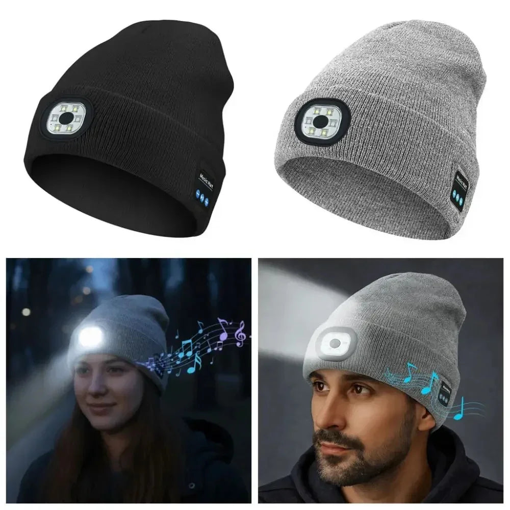 Knit beanie hat with built-in LED headlamp and Bluetooth speakers, available in black and grey.