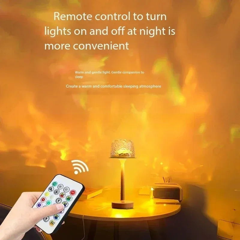 Warm ambient LED table lamp with textured glass shade on a round table, remote control in hand, creating cozy lighting atmosphere.