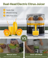 Electric dual-head citrus juicer comparison with manual and blade juicers, oranges and juice.