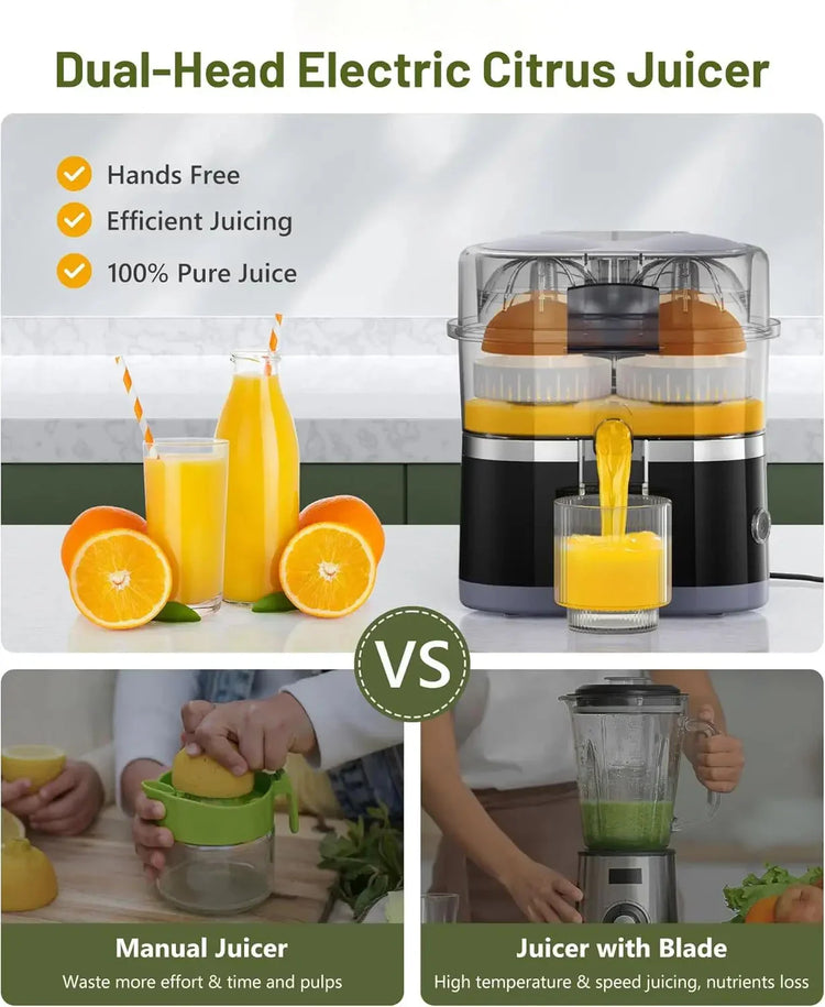 Electric dual-head citrus juicer comparison with manual and blade juicers, oranges and juice.