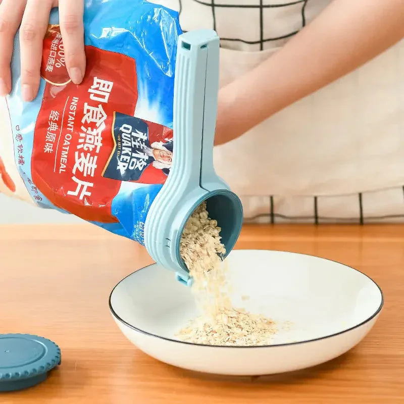 Person pouring oatmeal from a bag using a blue plastic pour spout into a white bowl