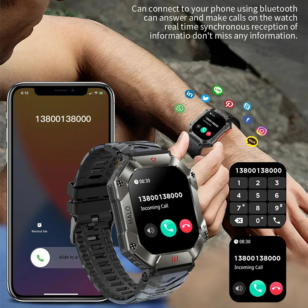 Man wearing rugged black and gray smart watch with touchscreen, calling feature, and app icons, paired with smartphone.