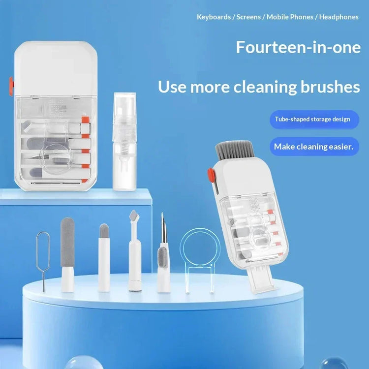 Multi-tool cleaning kit with white and gray brushes for electronics, shown on blue background.