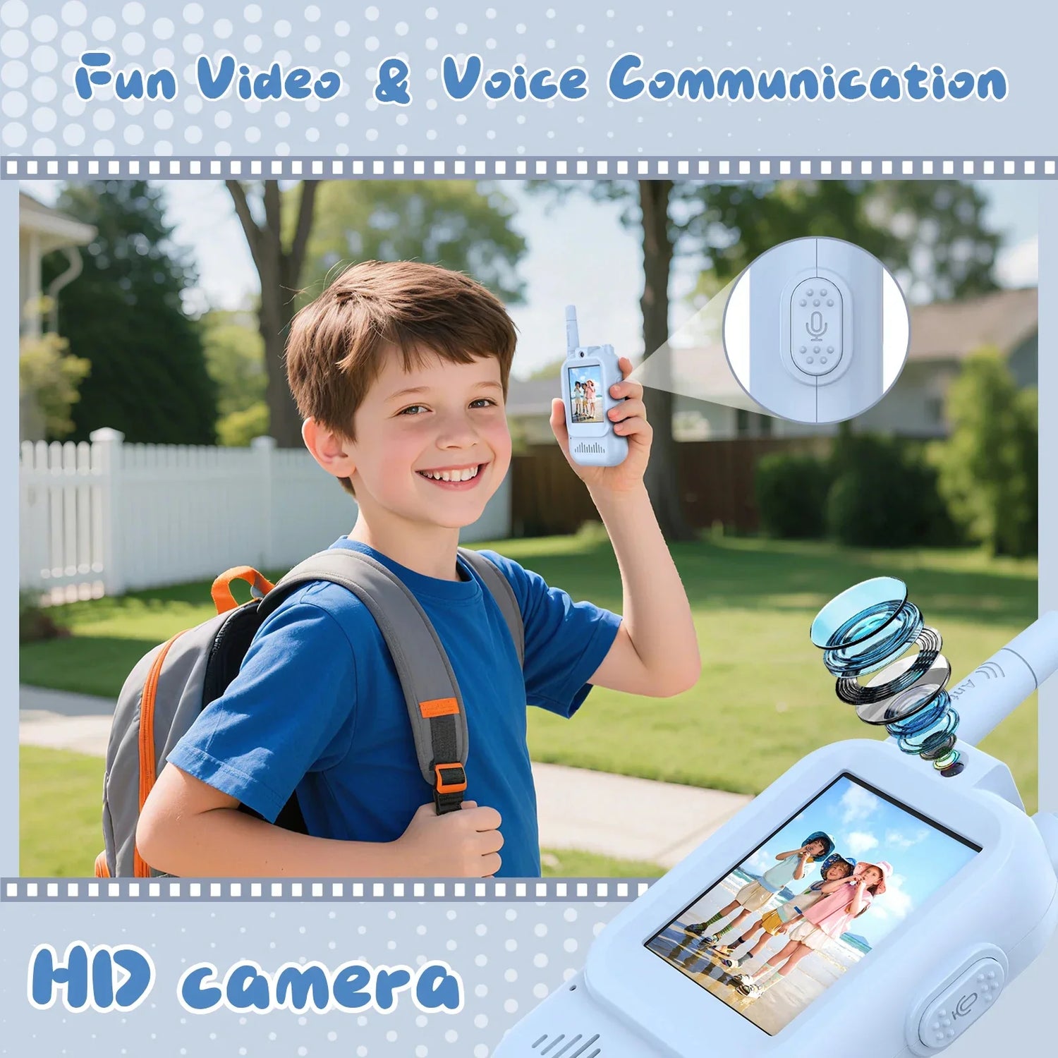 Smiling boy wearing blue t-shirt and gray backpack, holding a light blue handheld device with HD camera, standing outdoors.