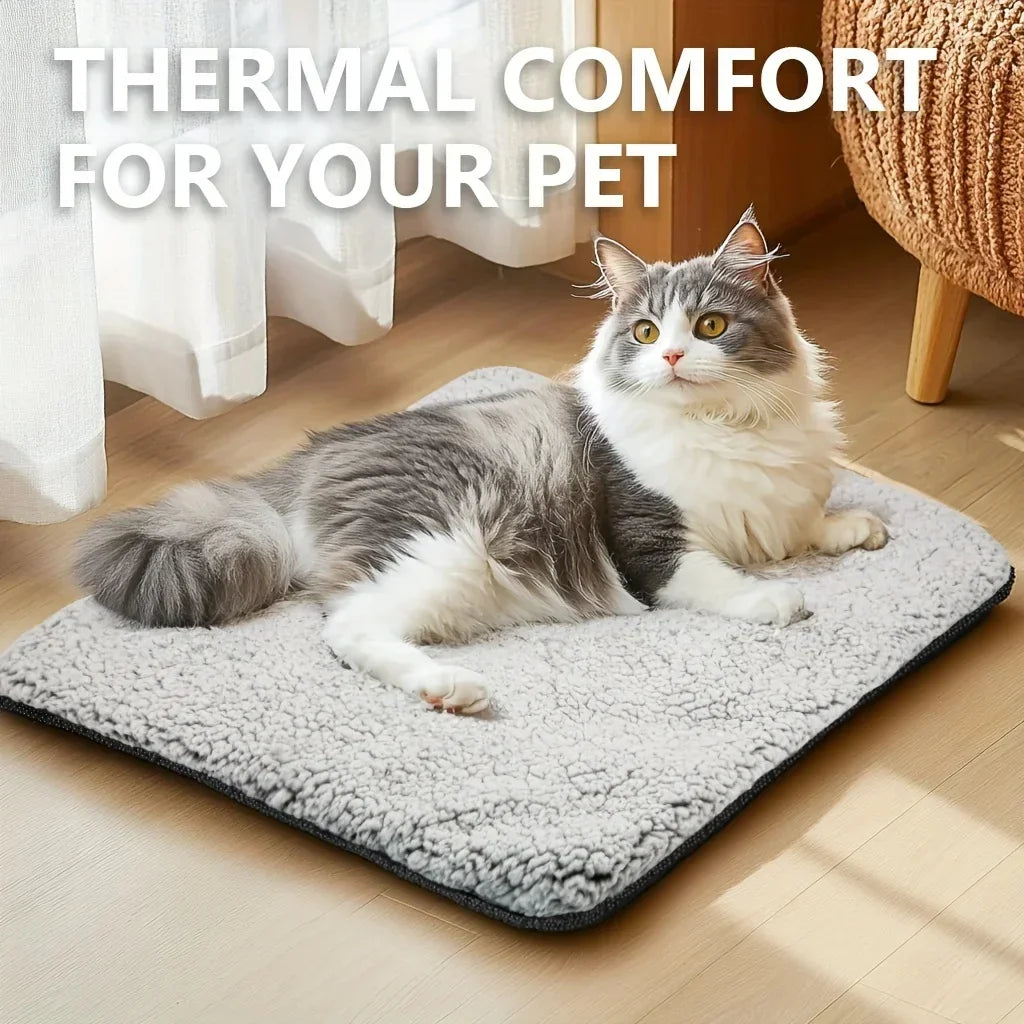 Fluffy grey and white cat lounging on a soft, light grey fleece pet mat in a sunlit room.