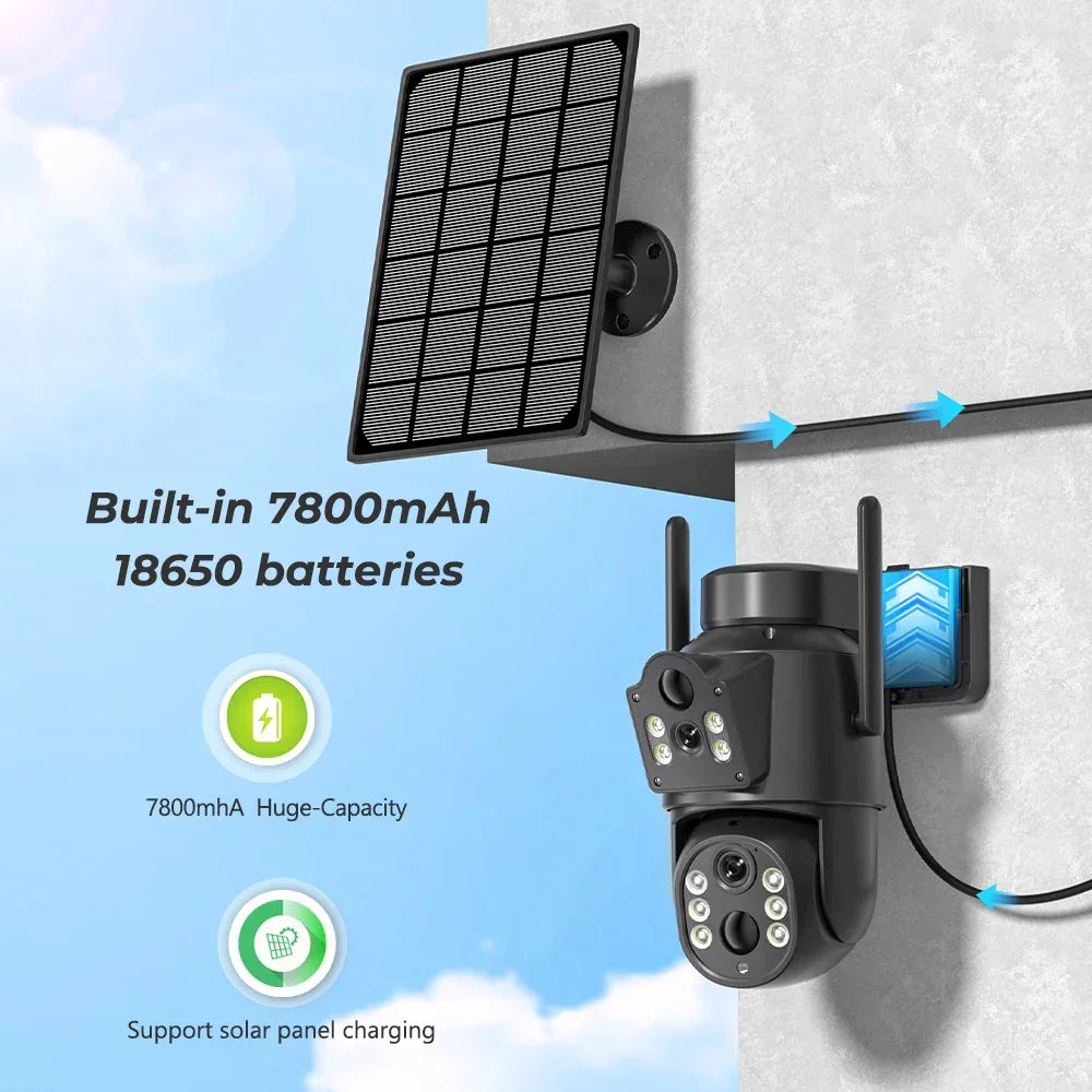 Outdoor security camera with solar panel, matte black finish, wall-mounted, with LED lights and dual antennas.