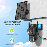 Outdoor security camera with solar panel, matte black finish, wall-mounted, with LED lights and dual antennas.