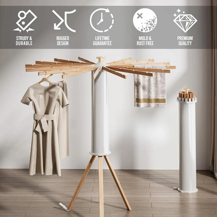 Beige short-sleeve belted dress on wooden drying rack, minimalist modern design, relaxed fit